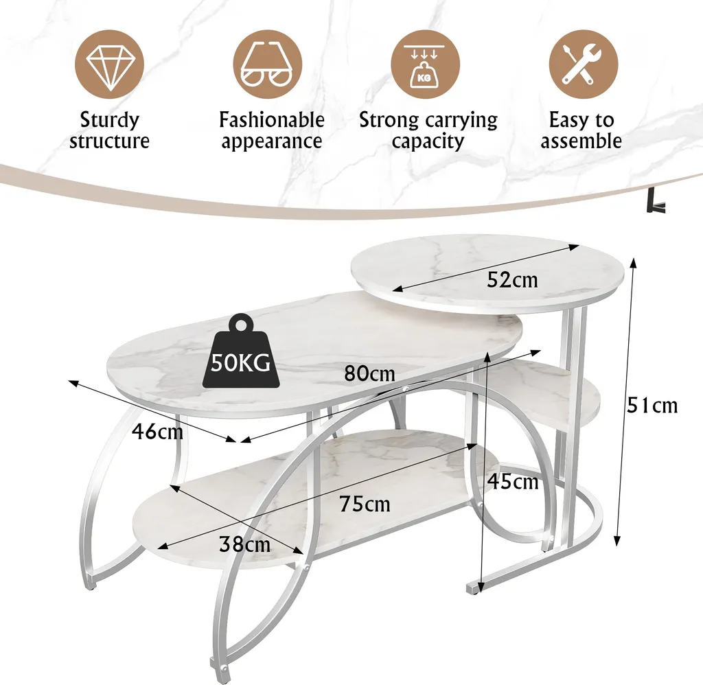 Table Basse Rectangulaire 46x80x45 cm en Acier Blanc et Finition Or