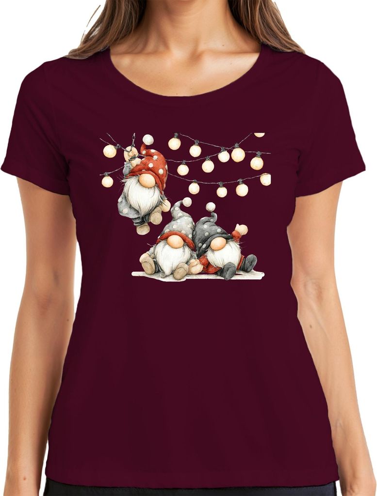 Weihnachtswichtel Lichterkette niedlich skandinavisch Geschenk Damen T-Shirt, Burgundy, M