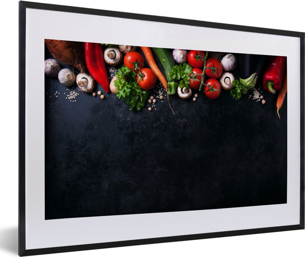 MuchoWow Gerahmtes Poster Gemüse - Kräuter - Gewürze - Schwarz - Rustikal - Küche 60x40 cm - Poster mit Schwarzem Bilderrahmen Wandposter Rah...