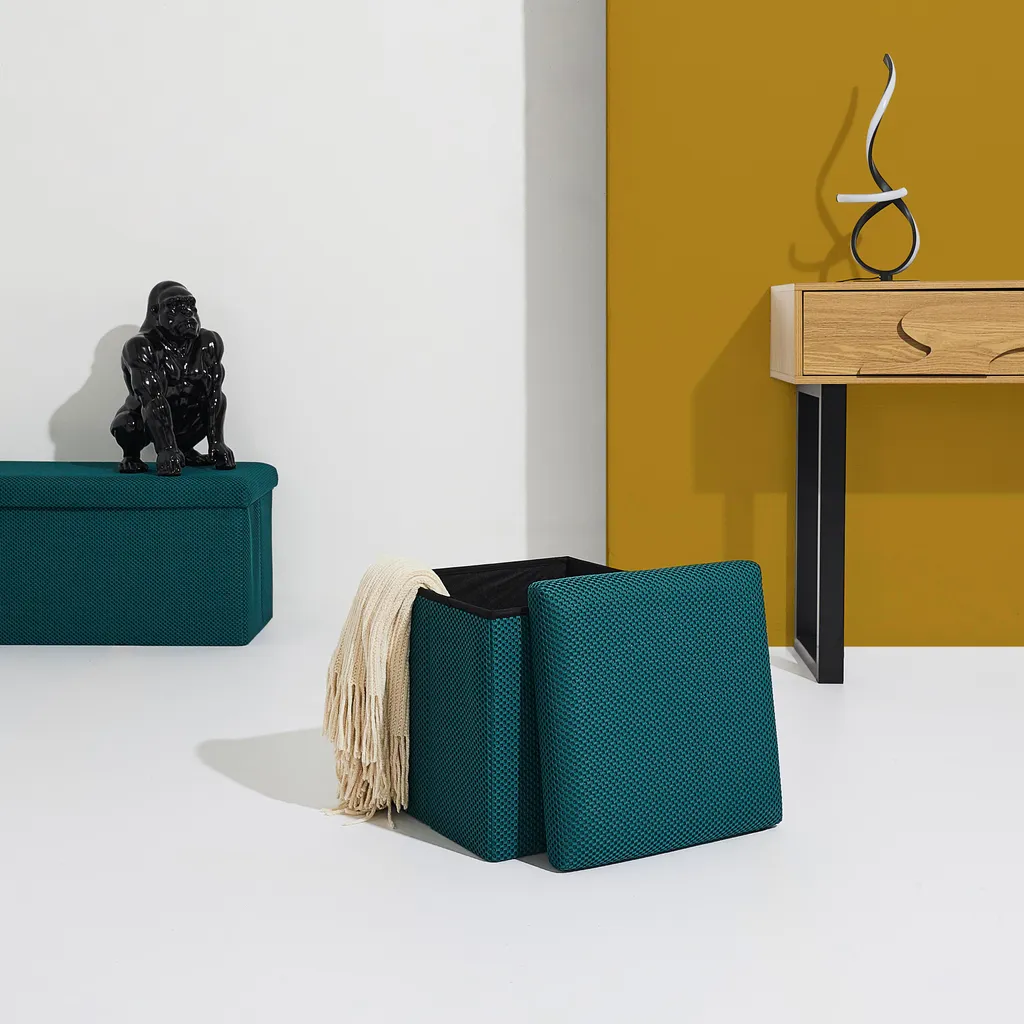 Rangement Discret pour Petits Espaces - Pouf Coffre Atome Bleu Pliable