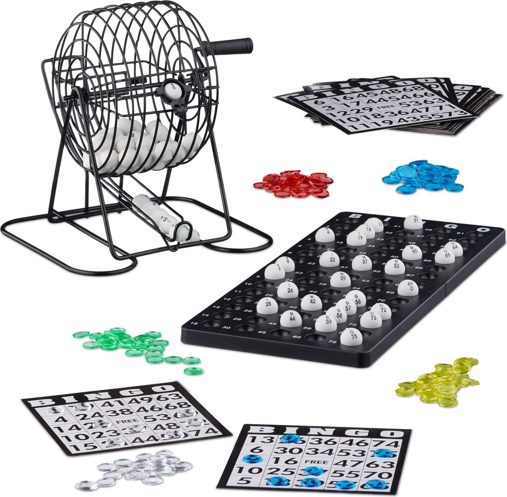Relaxdays Bingo Spiel mit Metalltrommel HxBxT: 20 x 17,5 x Produktbild 