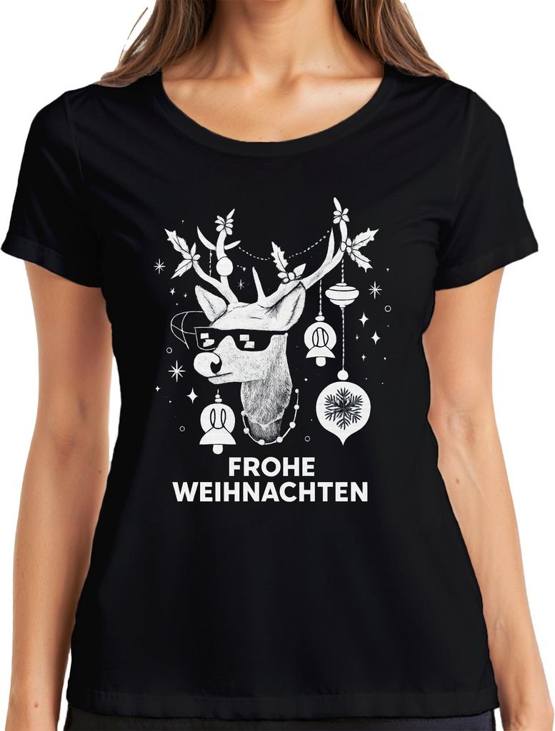 FROHE WEIHNACHTEN Rentier Sonnenbrille Hirsch Weihnachtskugeln Damen T-Shirt, Schwarz, L