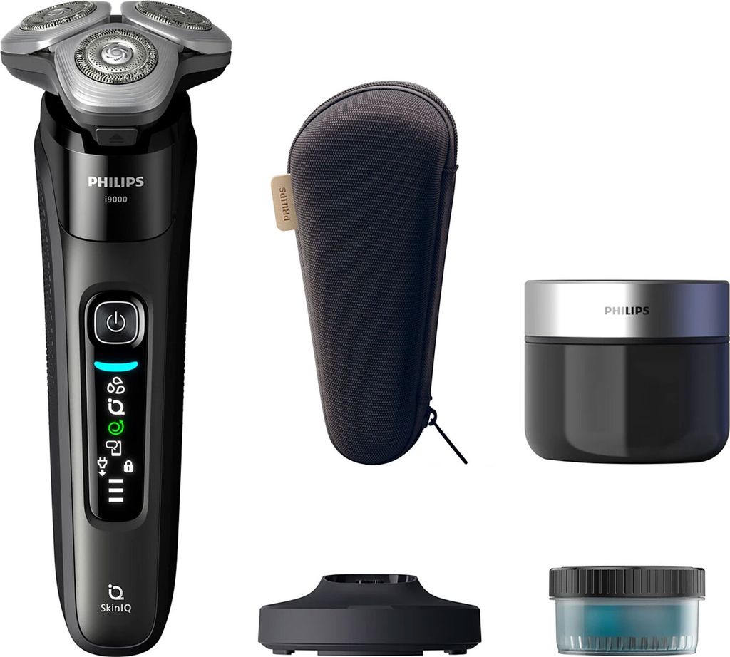 A collection of grooming products, including a shaver, travel case, and cleaning accessories, arranged on a white background.