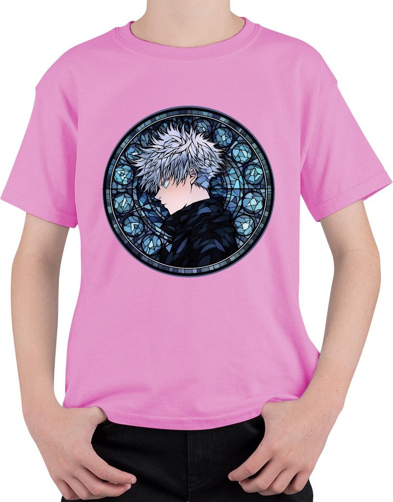 Anime weißes Haar Seitenprofil Buntglas Kreis düster Geschenk Uni Kinder T-Shirt, Pink, 152