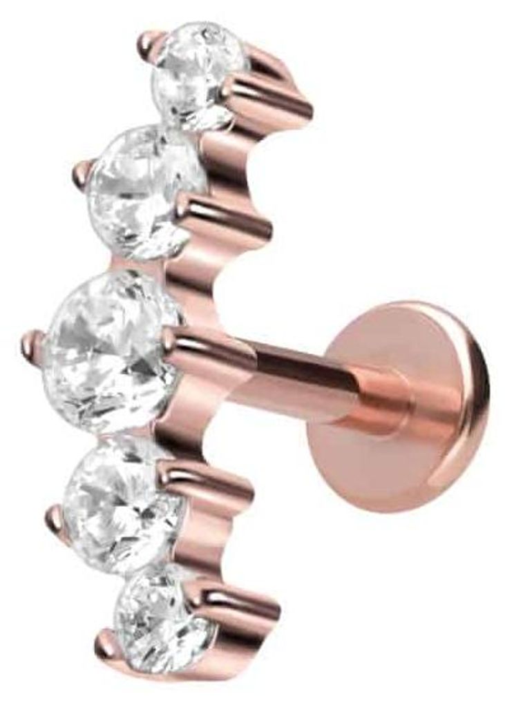 Ohrpiercing, Nasenpiercing Titan Labret mit Innengewinde 5 EINGEFASSTE KRISTALLE RoséGold Stablänge: 8mm | Stabstärke: 1,2mm