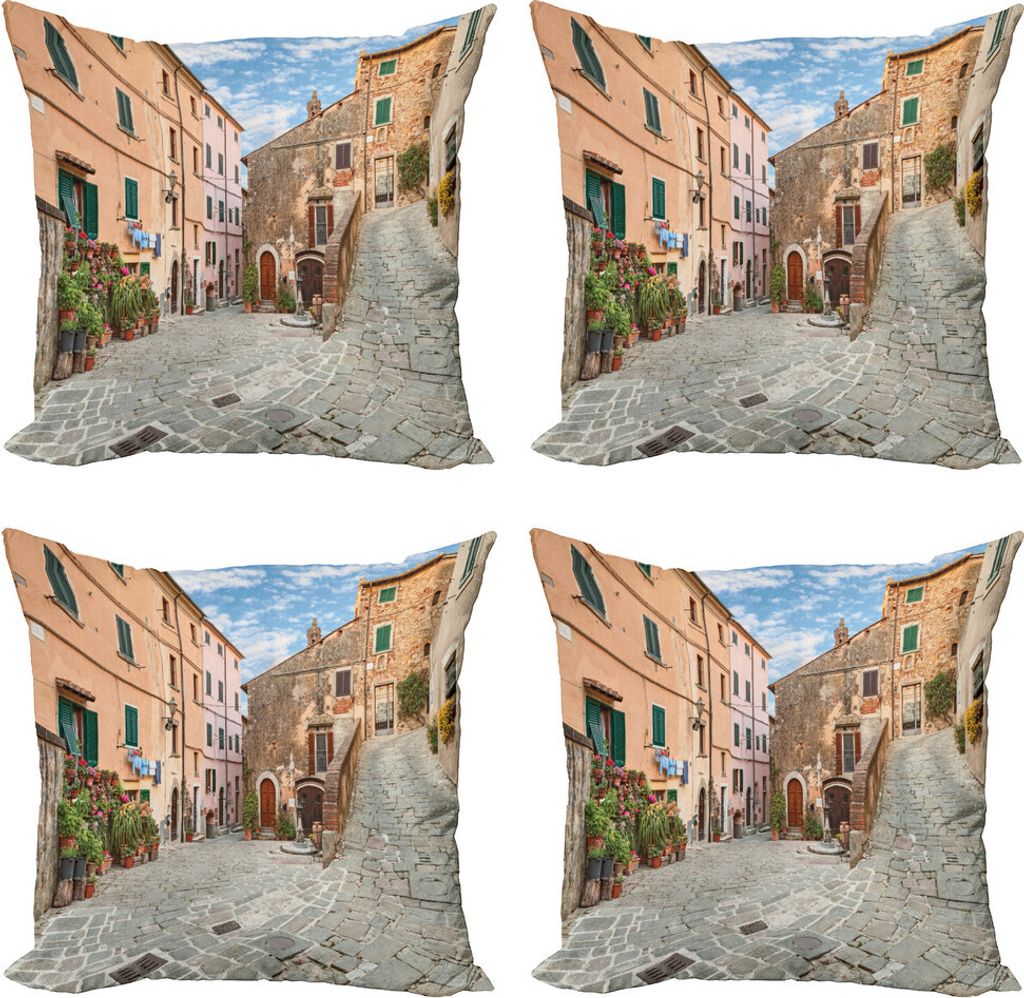 ABAKUHAUS Stadt Alte Häuser Kissenbezug Set (4 Stück), Castagneto Carducci, Moderner Doppelseitiger Digitaldruck, 40 cm x 40 cm, Mehrfarbig