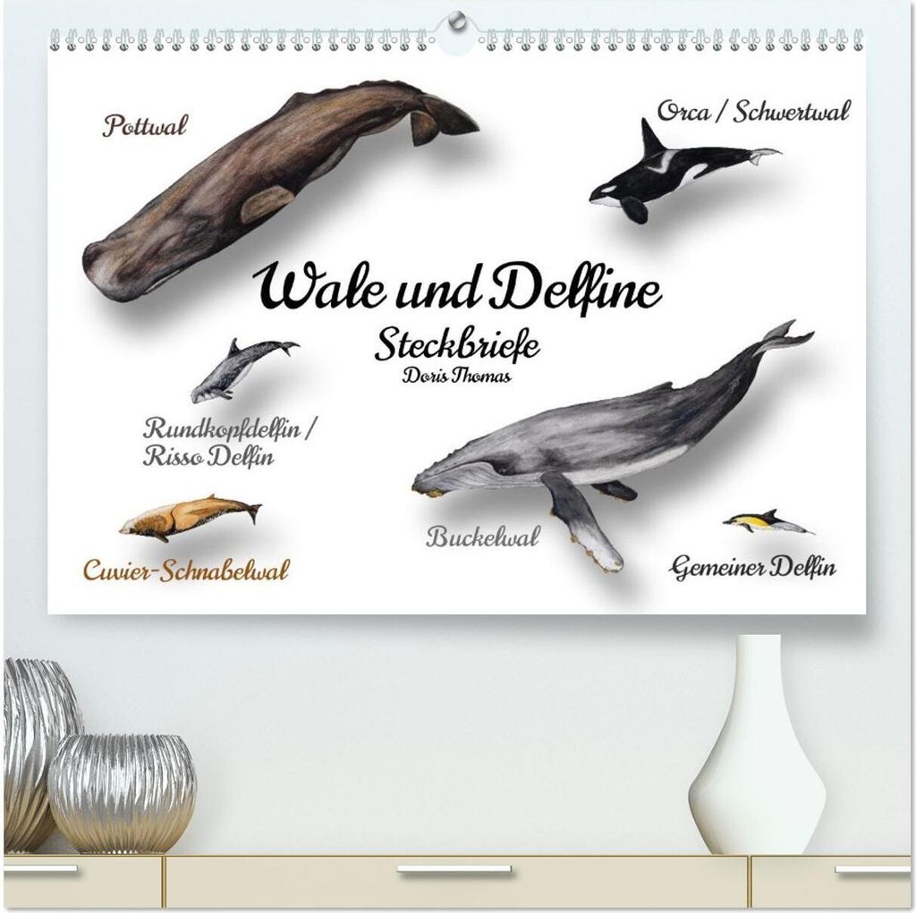 Wale und Delfine Steckbriefe (hochwertiger Premium Wandkalender 2026 DIN A2 quer), Kunstdruck in Hochglanz