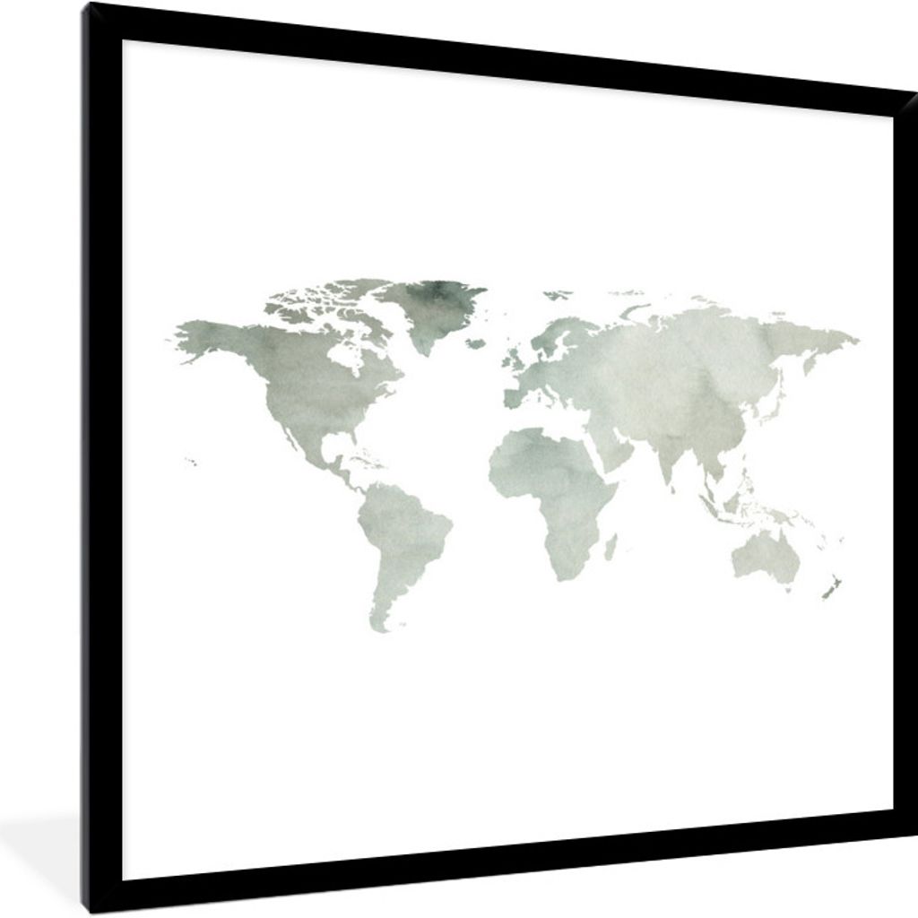MuchoWow MuchoWow Gerahmtes Poster Weltkarte - Grau - Einfach 40x40 cm - Poster mit zchwarzem Bilderrahmen - Mit Rahmen - Wanddekoration Schlaf...