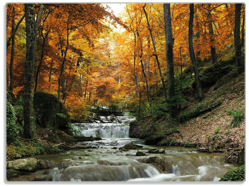 Wallario Glasunterlage, Schneidebrett aus Glas, Größe 30 x 40 cm, Motiv Kleiner Bach über Steine im Herbstwald