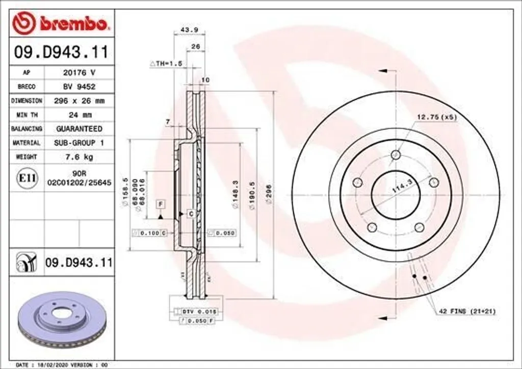 Brembo 09.D943.11 Disque de Frein OE 402065HA0A pour Renault Koleos II