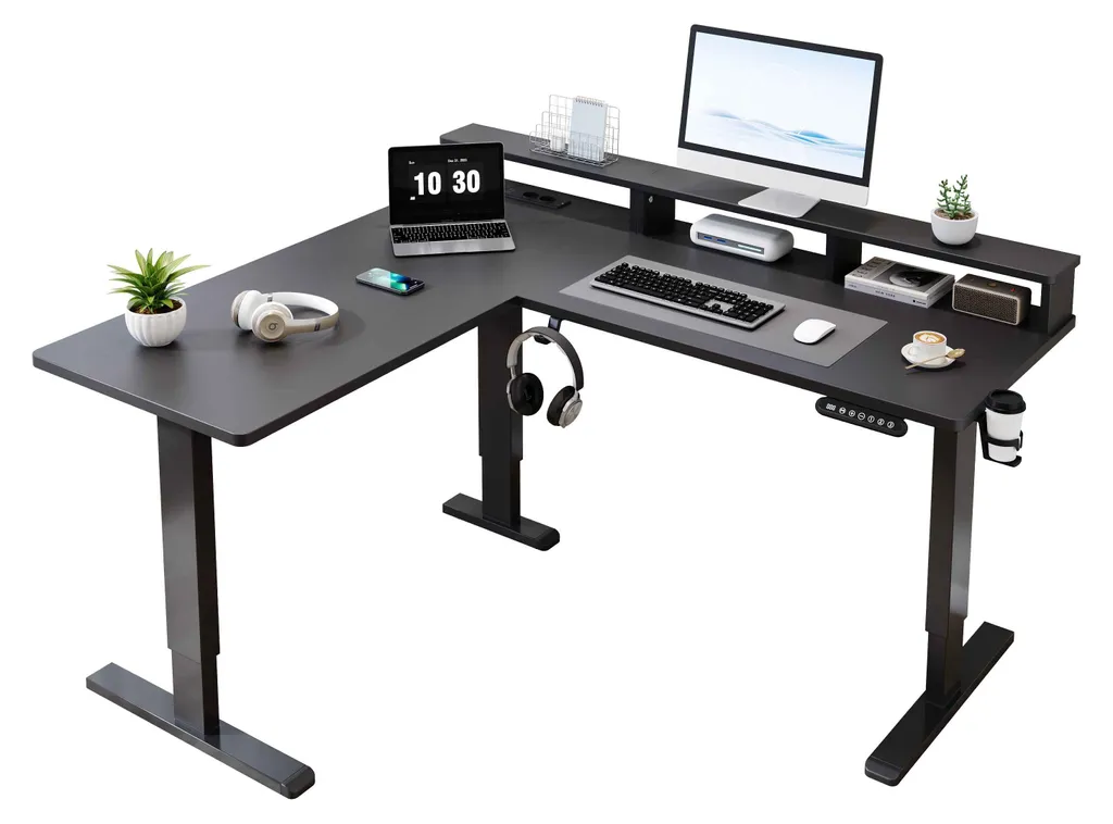 Bureau assis-debout motorisé en angle avec port USB et prise 118cm