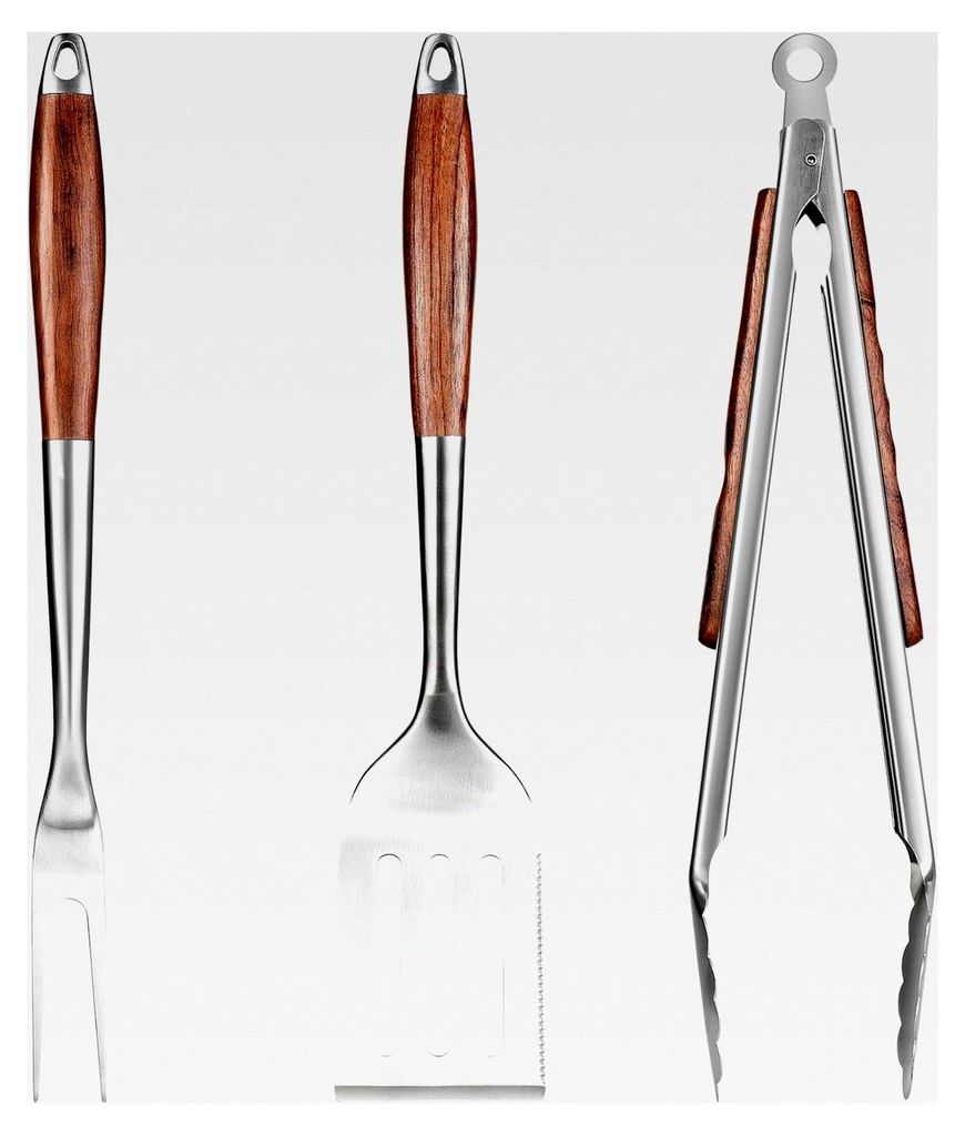 Grillzubehör Set aus Edelstahl mit Holzgriff, 3-teiliges BBQ Werkzeug Set inklusive Grillzange, Spatel und Gabel, praktischer Flaschenöffner - id...