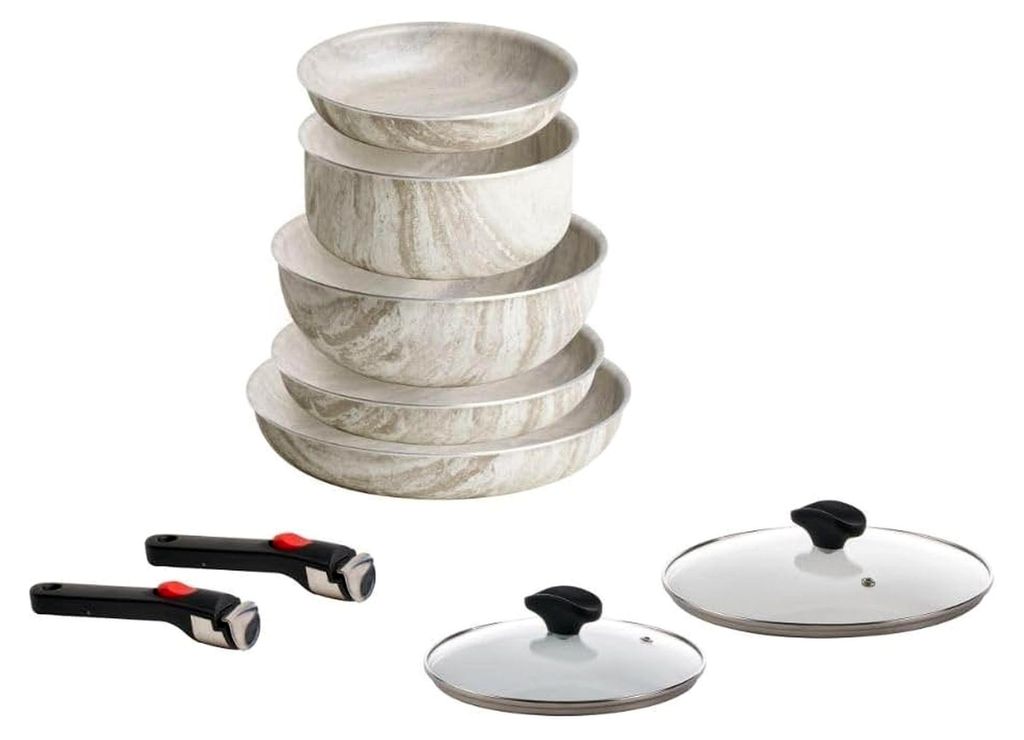 ChefLine Marbel – 9-teiliges Set: 3 Pfannen (20, 24 und 28 cm), Kasserolle (20 cm), WOK (24 cm), 2 Deckel und 2 abnehmbare Griffe