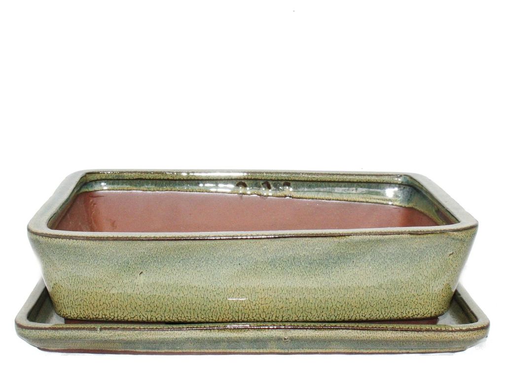 Bonsai-Schale mit Unterteller Gr. 4 - Oliv-Braun - eckig - Modell G30 - L 25cm - B 19cm - H 6,5cm