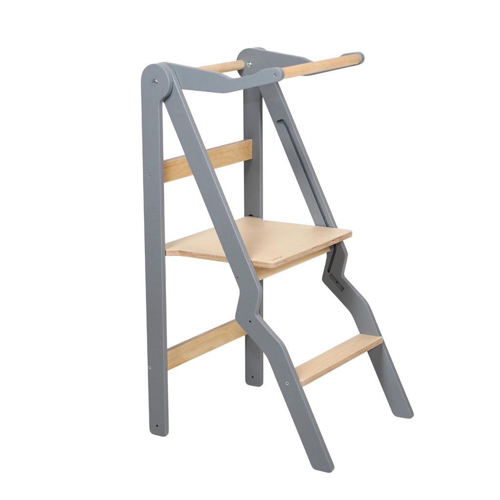 leg&go Klappbarer Lernturm aus Holz ZigZag mit extra Sicherheitsgeländer, Grau