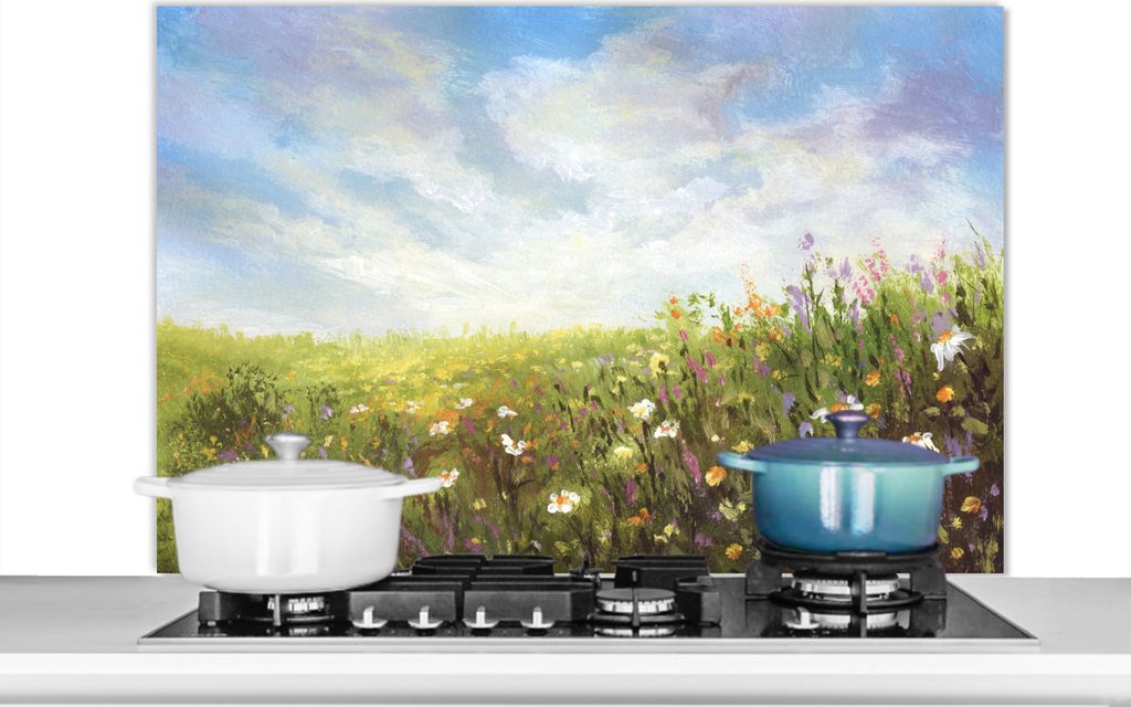 KitchenYeah Spritzschutz Küche - Küchenrückwand - Wandschutz für Herd und Spüle - Sommer - Blumen - Ölfarbe 100x65 - Alu-Dibond (Alternati...