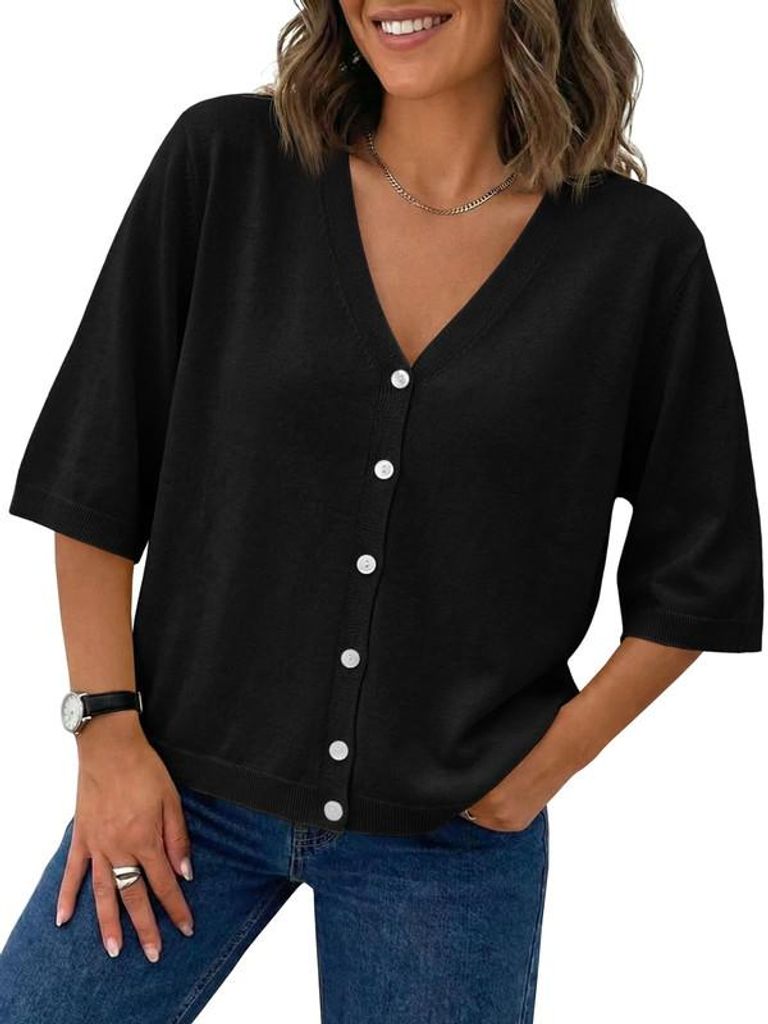Kurzarm-Cardigan für Damen, leichter Strickstoff, V-Ausschnitt, Knopfleiste,Größe:M