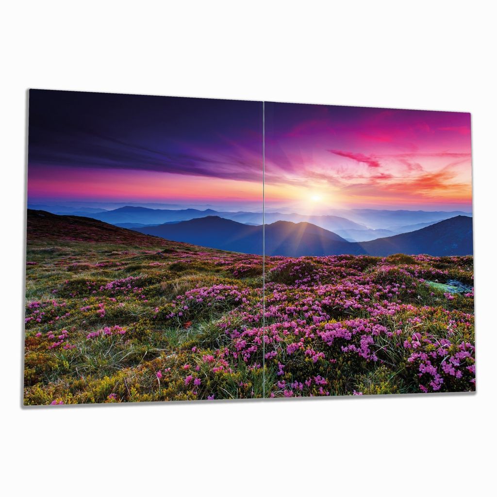 Wallario Herdabdeckplatte aus Glas, Größe 80 x 52 cm 2-teilig, Motiv Blumenbedeckte Wiese bei Sonnenuntergang