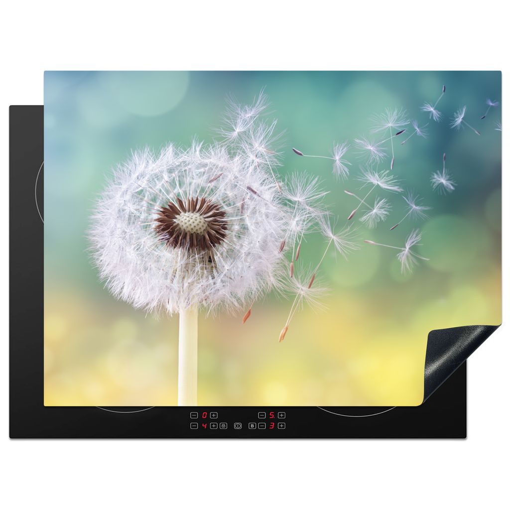 KitchenYeah Herdabdeckplatte Löwenzahn - Blau - Gelb - Natur , 70x52cm, Küche Deko, Glaskeramikkochfeld Herdabdeckung, Abdeckplatte fùr Kochfeld