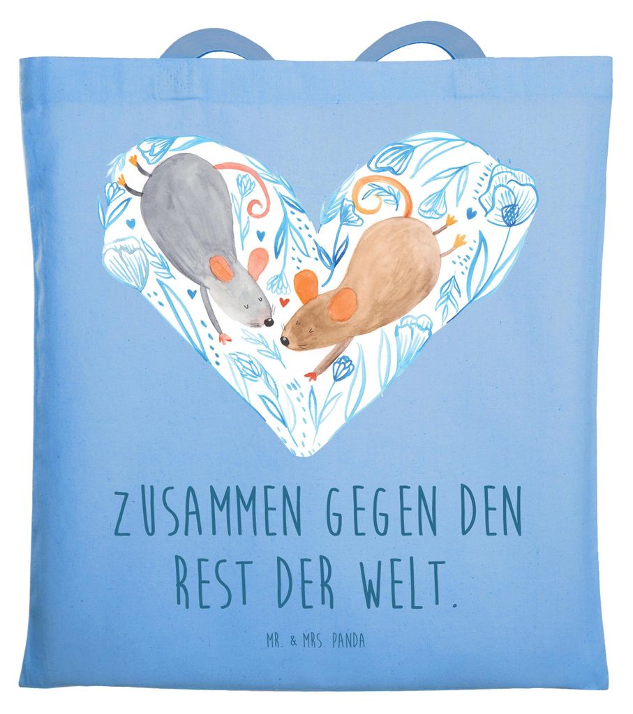 Mr. & Mrs. Panda Tote Bag Hochzeit Mäuse Herz - Sky Blue - Geschenk, Paar, Büchertasche, Tasche, Liebe, Stoffbeutel, Shopping, Jutebeutel, Hochze...