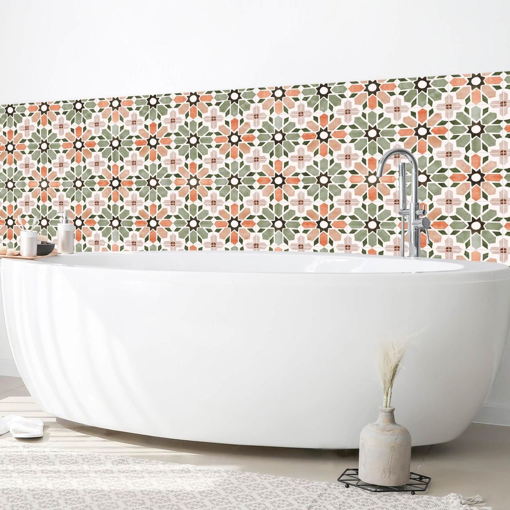 Wandverkleidung Bad mit Motiv selbstklebend - 0.35 mm Wandpaneel matt wasserfest Design orange Fliesenoptik Illustration Badrückwand fugenlos 150x...