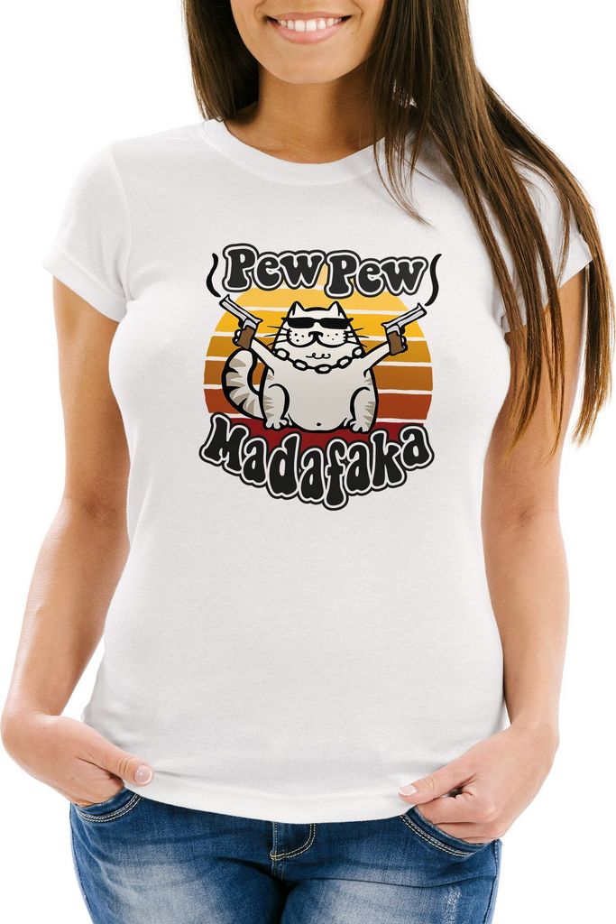 Damen T-Shirt Pew Pew Madafaka Katze Crazy Cat Gangsta Kitty Meme Trend Spruch Slim Fit Moonworks weiß XXL