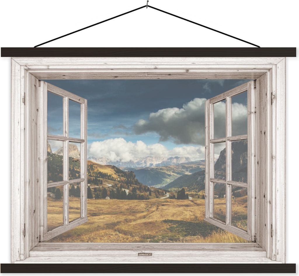 MuchoWow Textilposter Holz - Aussicht - Berg 120x90 cm mit schwarzem Rahmen - Aufhänger für Poster