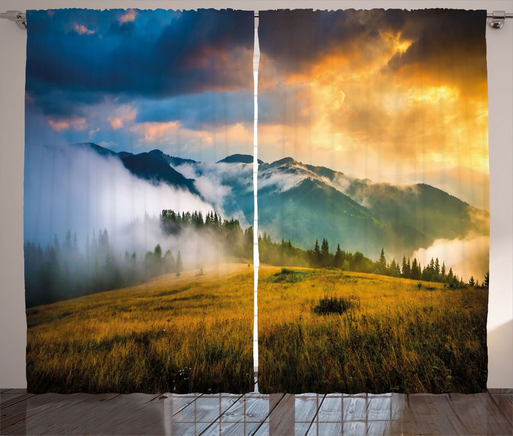 ABAKUHAUS Landschaft Rustikaler Gardine, Misty Mountaintops, Schlafzimmer Kräuselband Vorhang mit Schlaufen und Haken, 280 x 245 cm, Grün Blau Gelb