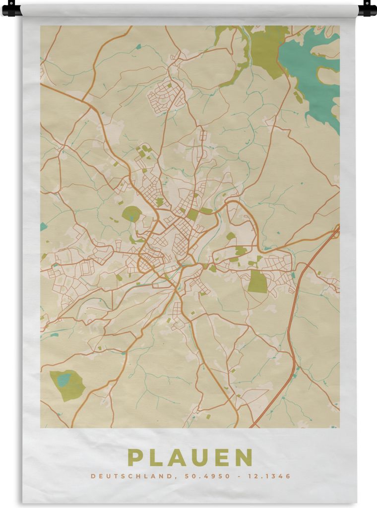 MuchoWow Wandteppich Wandbehang Plauen - Karte - Vintage - Stadtplan 90x135 cm Tapisserie Dekoration Wandtuch - Baumwolle - Wandskulptur