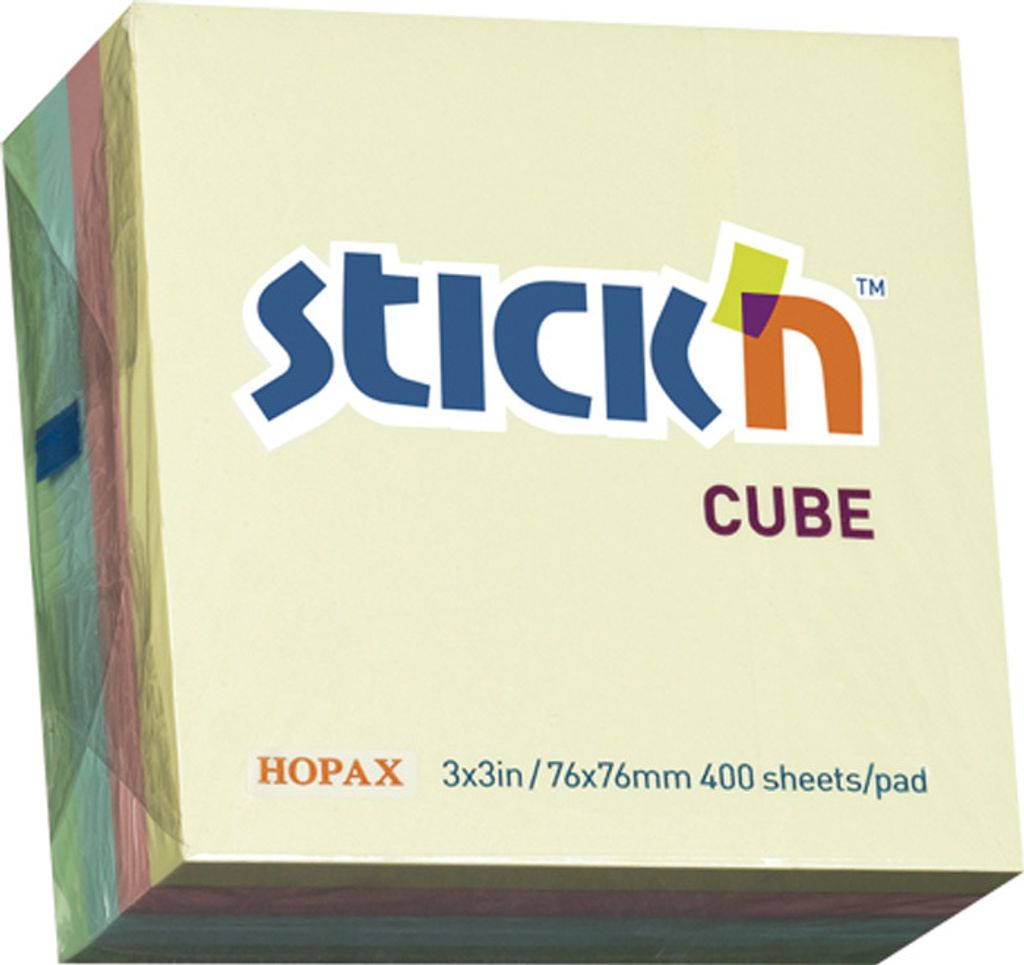 Stick'n Hopax selbstklebender Notizblock, 76 x 76 mm, Würfelform, 4 Farben, 400 Blatt