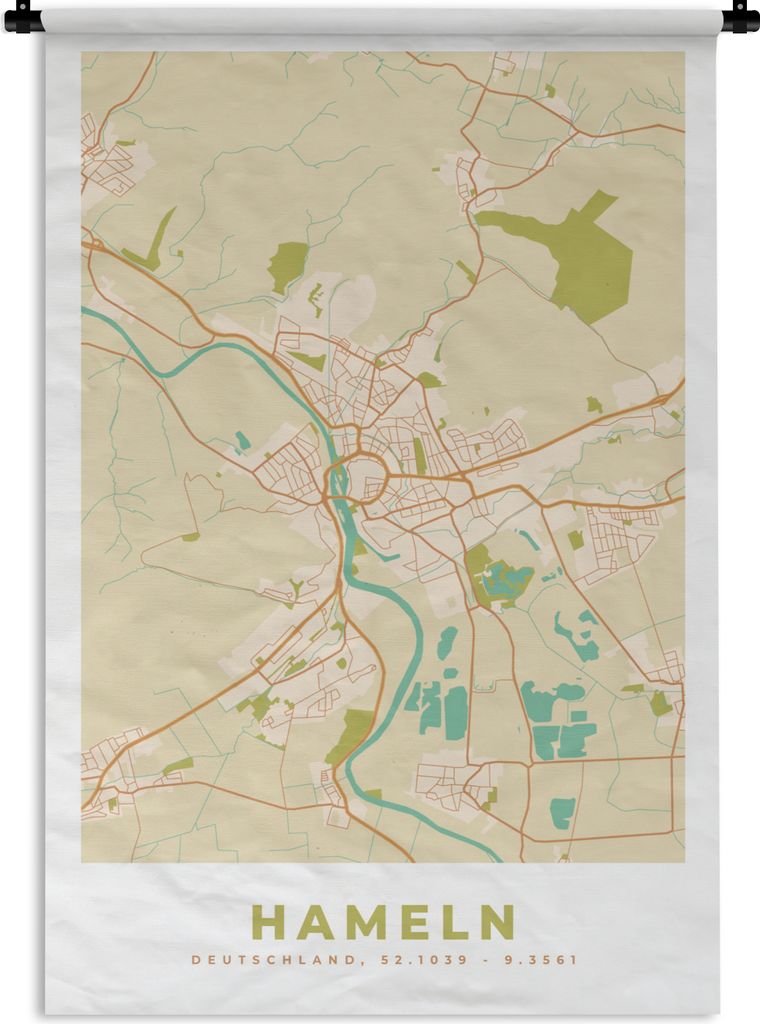 MuchoWow Wandteppich Wandbehang Vintage - Karte - Hameln - Stadtplan 90x135 cm Tapisserie Dekoration Wandtuch - Baumwolle - Wandskulptur