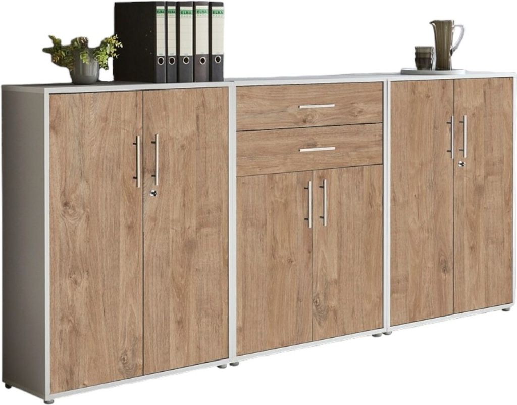 Aktenschrank TABOR 15 in lichtgrau / Gold Harbor Oak, Schrankwand, Büroschrank, abschließbar, Metallgriffe