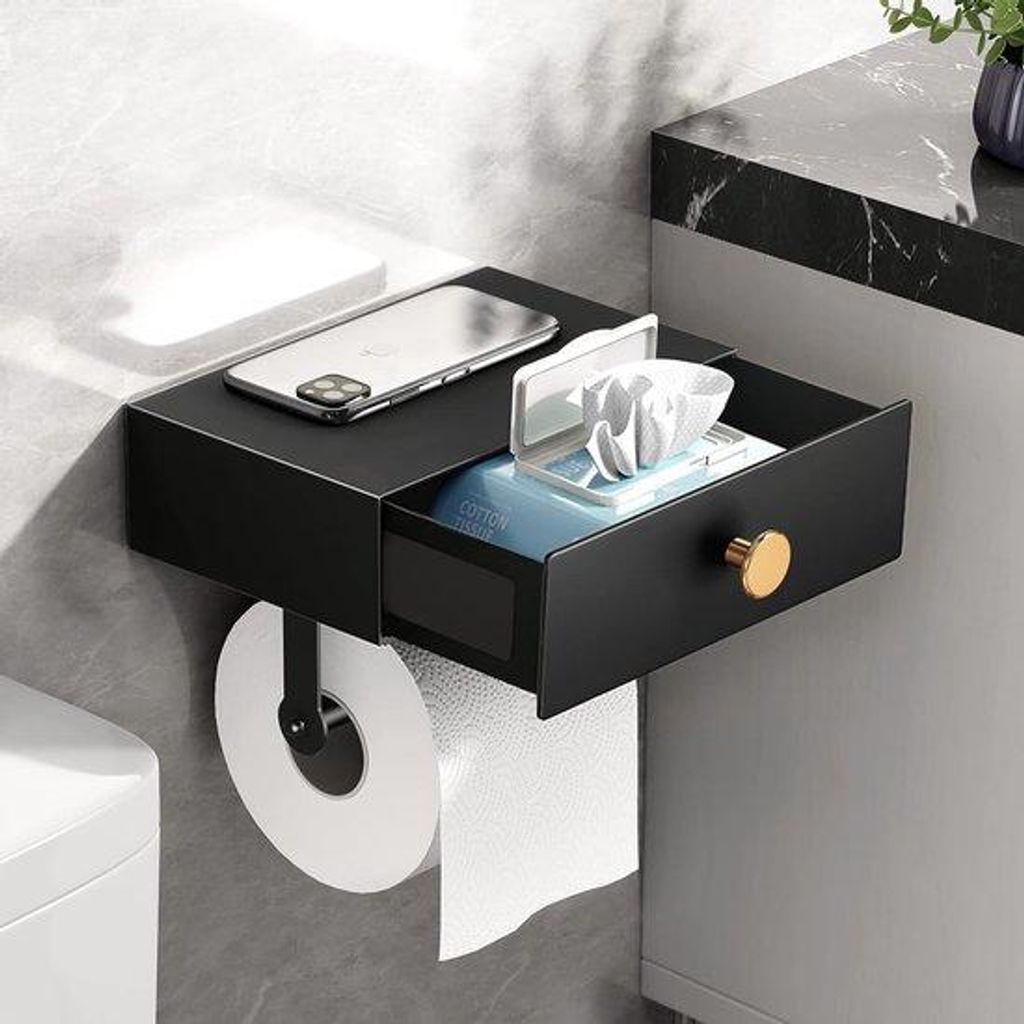 Toilet paper holder mit Aufbewahrung, Wandmontiert (schwarz/gold)