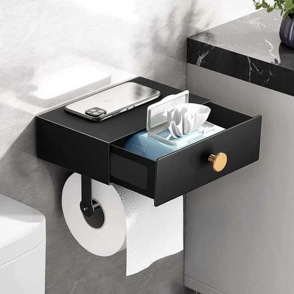 Porte-rouleau WC mural noir et or avec boîte de stockage étanche