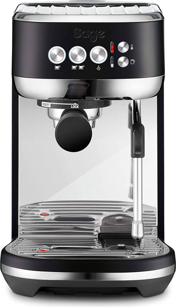 A black Sage espresso machine with chrome accents is shown against a white background.