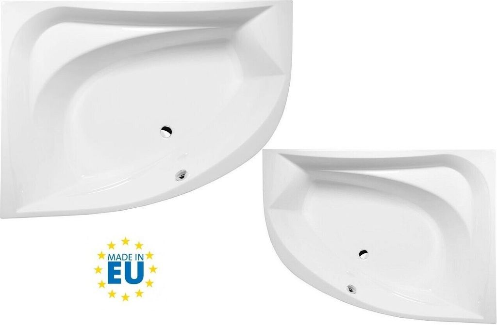 Two white corner bathtubs are shown against a white background. A "Made in EU" badge is visible in the bottom left corner.