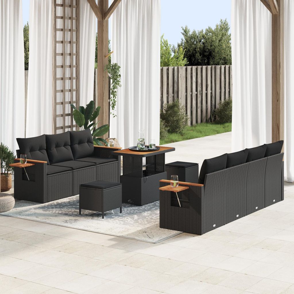 10-teiliges Garten Sofa Set mit Kissen Schwarz Poly Rattan Akazie, Design Gartensofas Neu