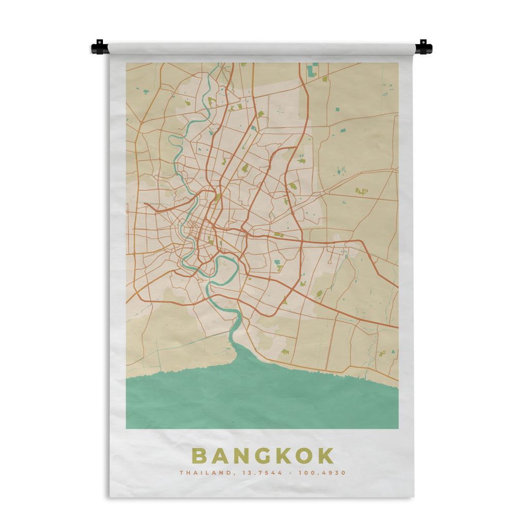 MuchoWow Wandteppich Wandbehang Bangkok - Karte - Vintage - Stadtplan 60x90 cm Tapisserie Dekoration Wandtuch - Foto-Teppich - Abwaschbar