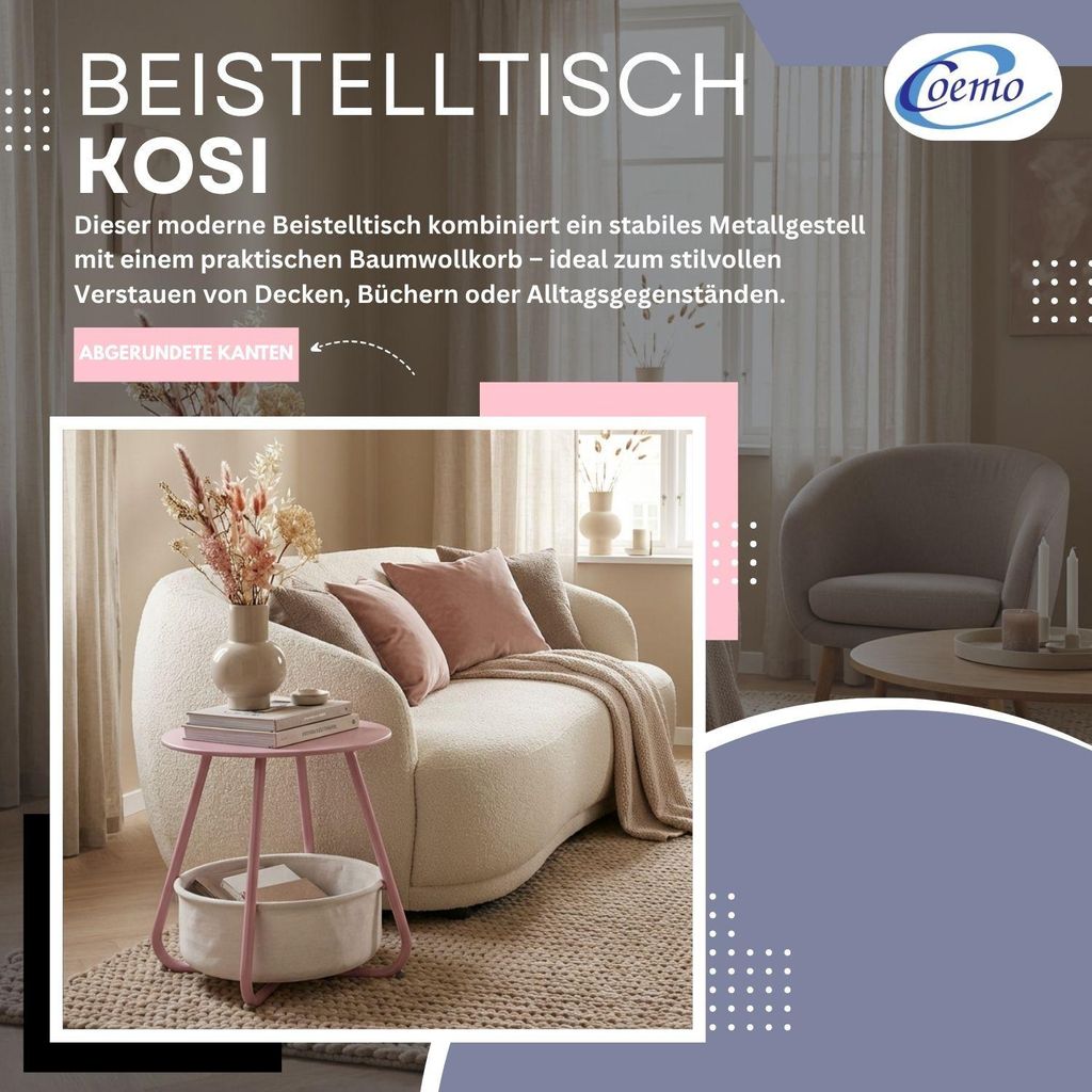 Couchtisch KOSI Pink aus Metall Ø 45 x 45 cm mit Aufbewahrungskorb Canvas, Beistelltisch rund mit Ablage - Wohnzimmertisch im Vintage Style, Sofat...