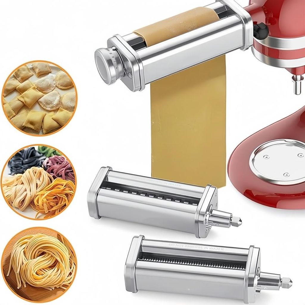 Nudelmaschine-Aufsatz für KitchenAid-Küchenmaschine, inklusive Nudelblatt-Roller, Spaghettischneider,Fettuccine-Schneider,Edelstahl-Nudelaufsatz-...