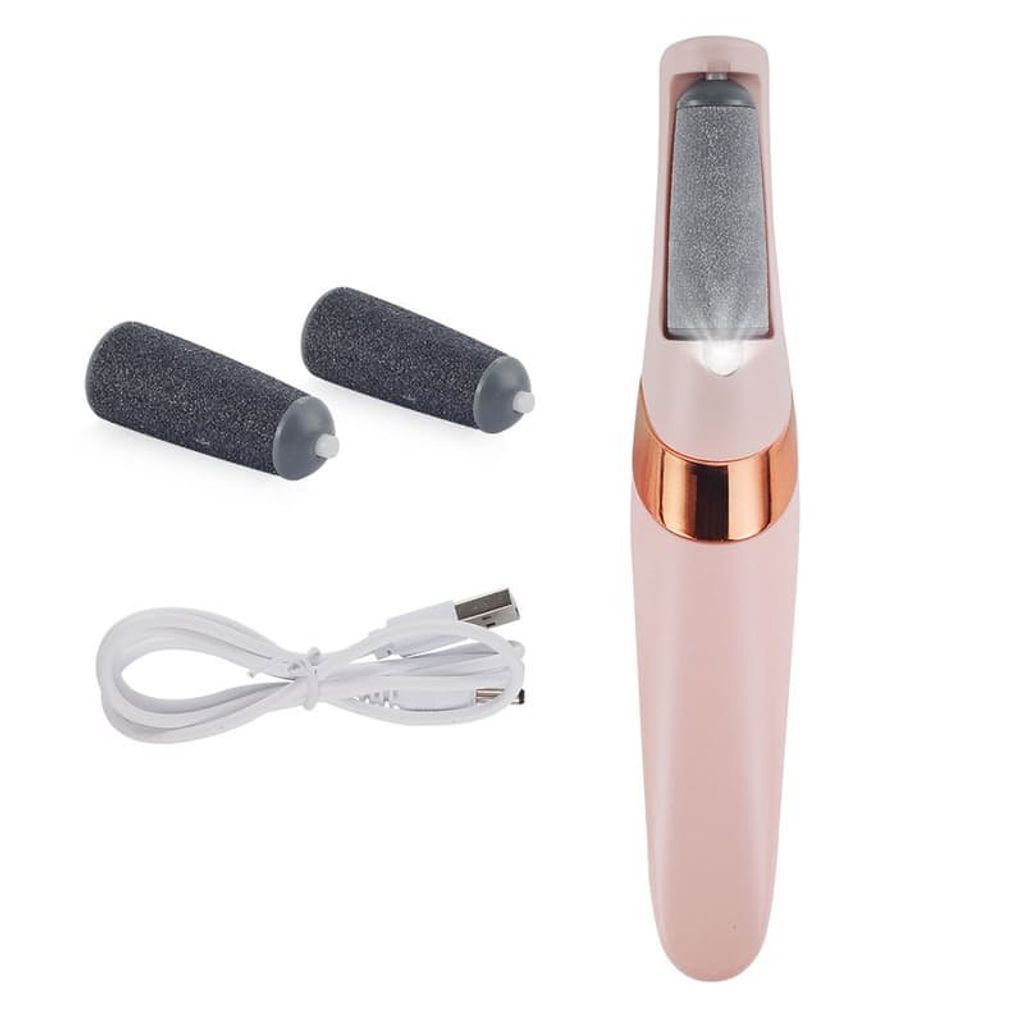 A pink electric foot file with two replacement rollers and a USB charging cable on a white background.