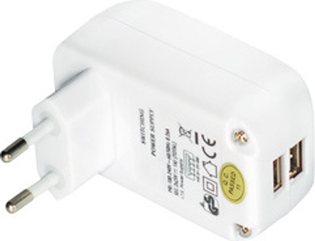 Transmedia Getaktetes Stecker Netzteil 2000 mA mit 2x USB - Buchse; USB Ausgangsstrom: 2 x 1000 mA, NE 2 USB W