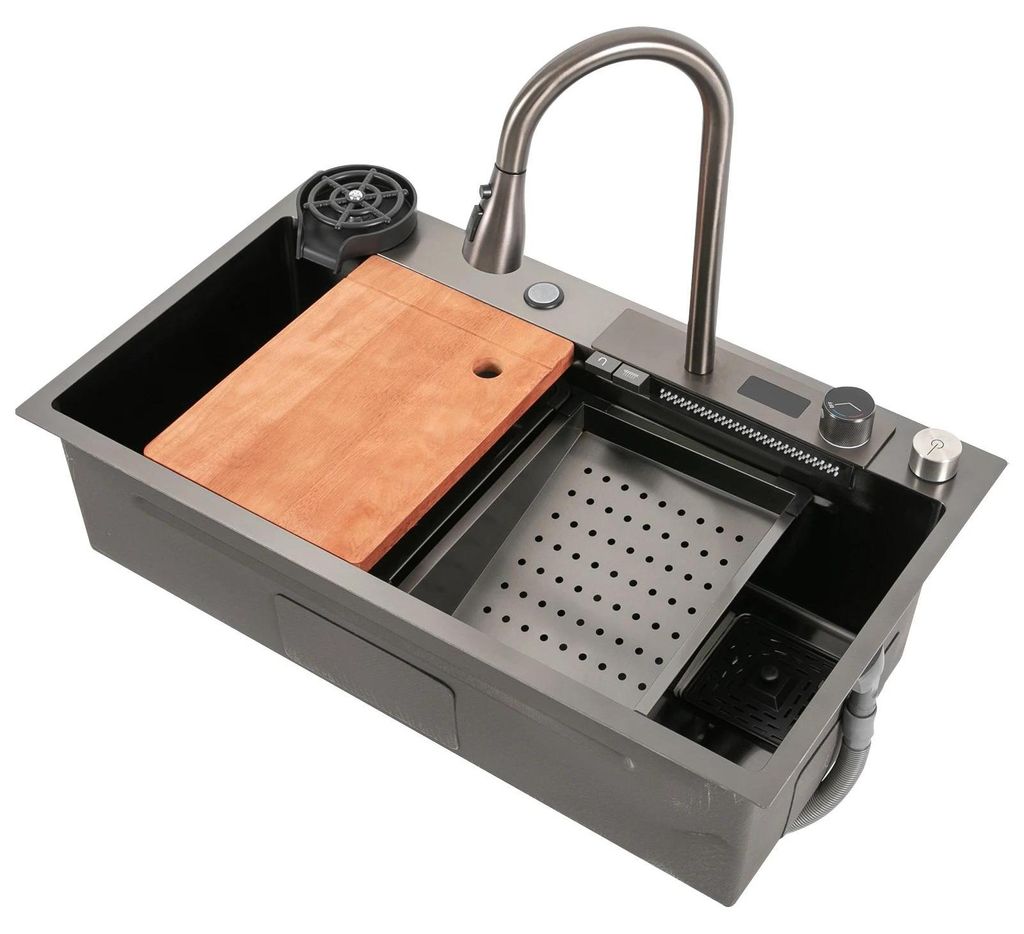 Küchenspüle Arbeitsstation - Unterbau Einzelbecken 80×46 cm - Ausziehbare Armatur - Wasserfall-Funktion - Digitalanzeige - Nano-beschichteter Ed...