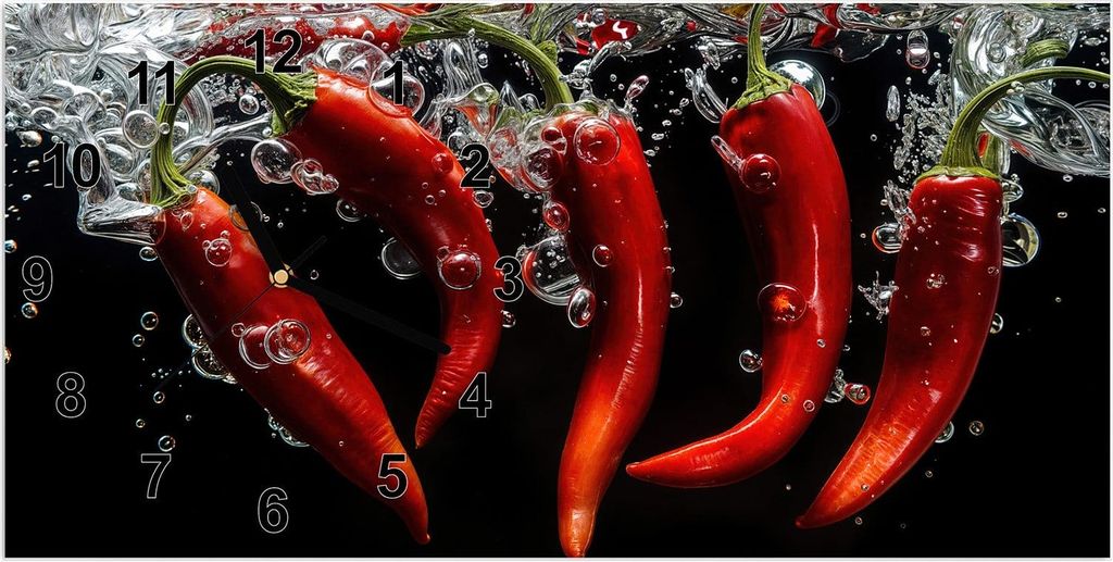 Wanduhr aus Glas mit Motiv Chili unter Wasser- 60 x 30 cm - inkl. Aufhängesystem