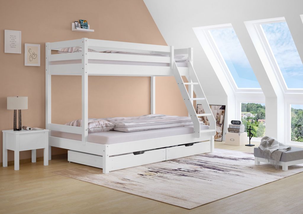 Doppel-Etagenbett 120x200 und 80x200 Erwachsenen-Stockbett Kiefer Massivholz weiß V-60.18W-08-12Rollrost und Doppelbettkasten inkl.