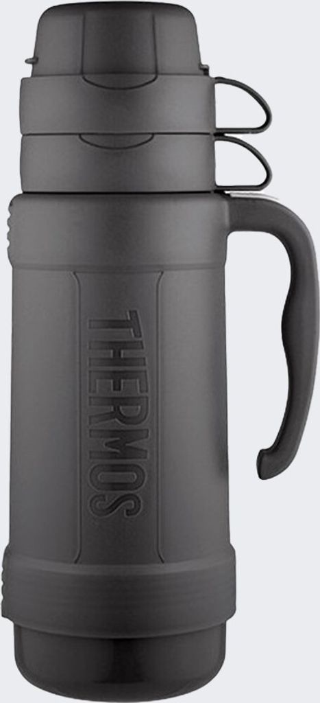 A black Thermos flask with a handle and two cups on top, set against a light gray background.