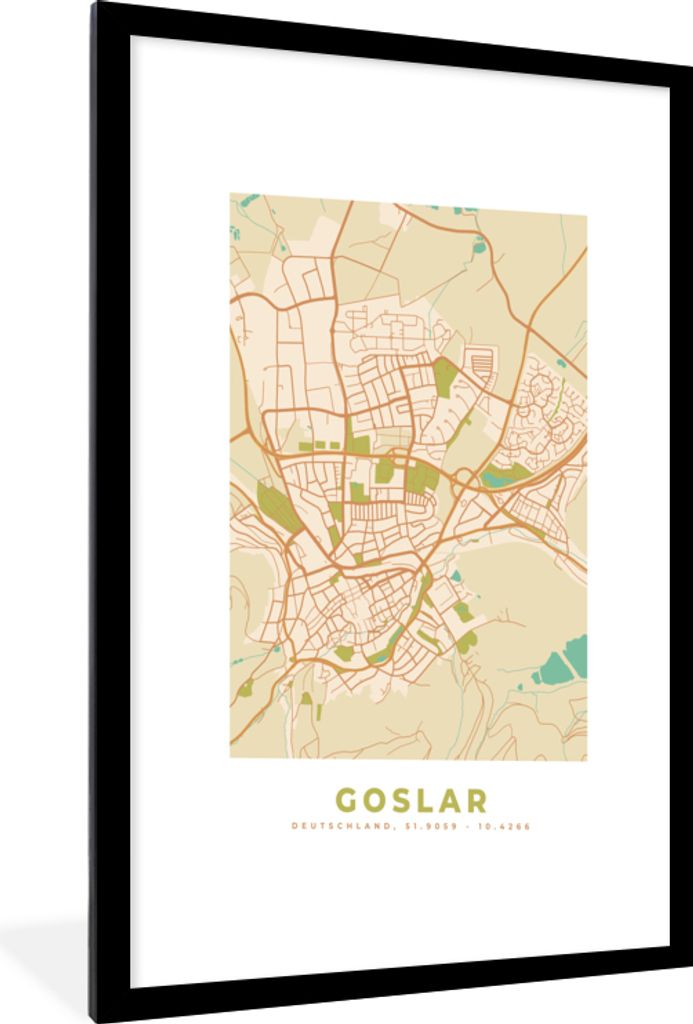 MuchoWow Gerahmtes Poster Goslar - Karte - Vintage - Stadtplan 60x90 cm - Poster mit Schwarzem Bilderrahmen Wandposter Rahmen Foto Bilder - Dekor...