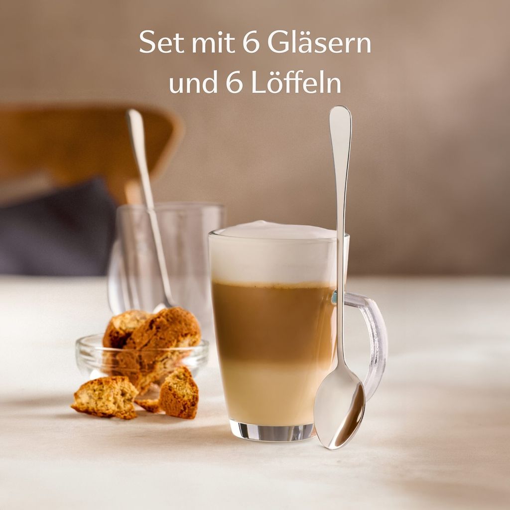 6er Latte Macchiato Gläser Set mit Henkel und Löffel