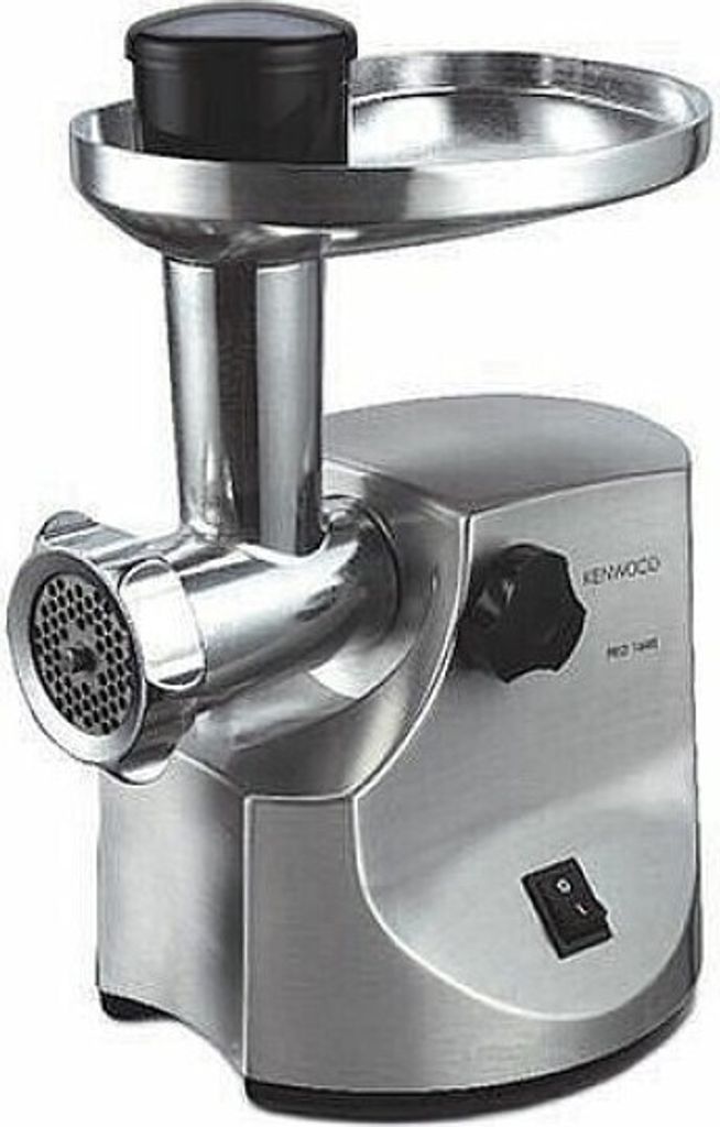 A stainless steel meat grinder with a black pusher and tray.