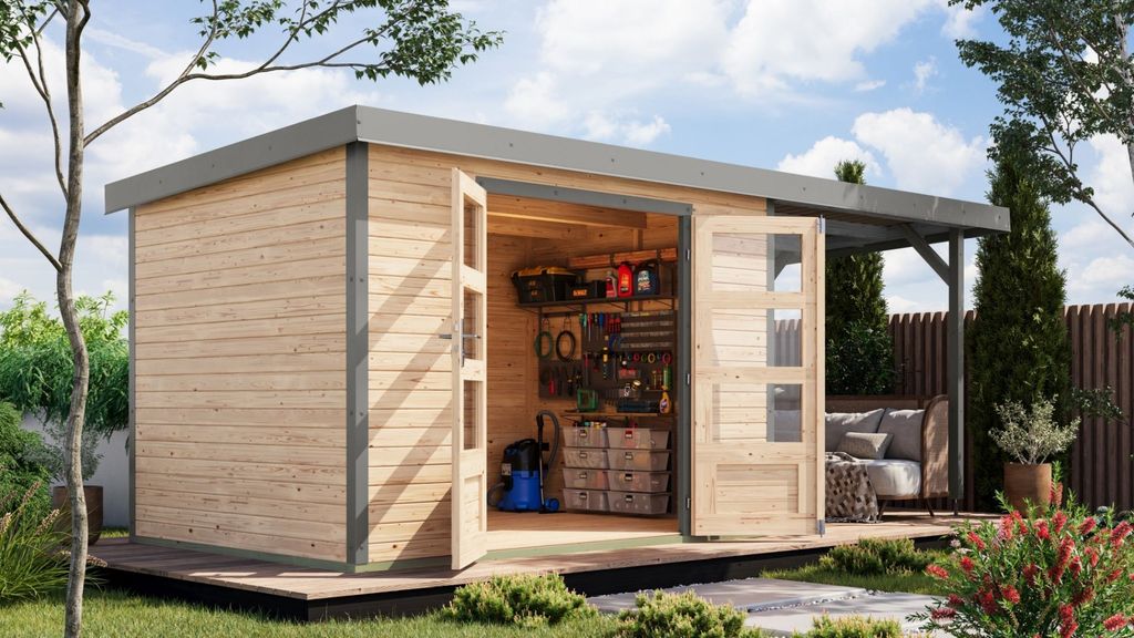 Karibu Gartenhaus Hybridhaus Metall Jupiter 4 im Set mit Anbaudach ca. 2,35 m breit naturbelassen 514,5x213,5x209 cm